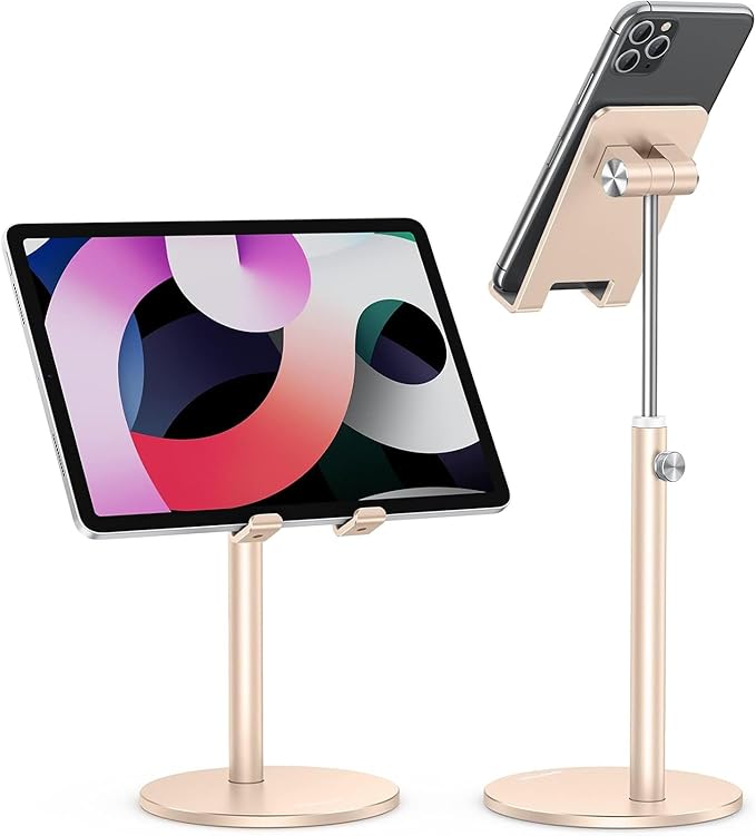 OMOTON Cell Phone Stand, Angle Height Adjustable Phone Stand, Aluminum Desktop Phone Holder Dock Stand for Desk, Compatible with iPhone 17 Pro Max, All Smartphones and Tablets(4-11''),Gold