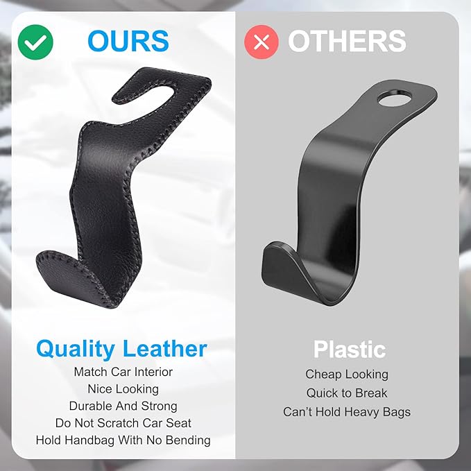 AXELECT Leather Purse Hooks for Car, 2 Pack Car Purse Holder, Car Headrest Hooks Holders for Hanging Purses and Bags Coats Grocery Bag Backpack