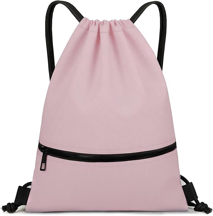 Water-Resistant String Bag for Women Men with Shoes Compartment and Zippered Pocket for Soccer, Basketball, Swim (Pink, 16.5 * 19 inches)