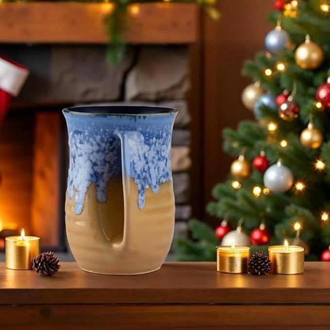 Hand Warmer Coffee Mug - Large Hand Warming Mug 16 Ounce Ceramic Handwarmer Pocket Handmade Pottery Right Handed (Blue,Yellow Sand)