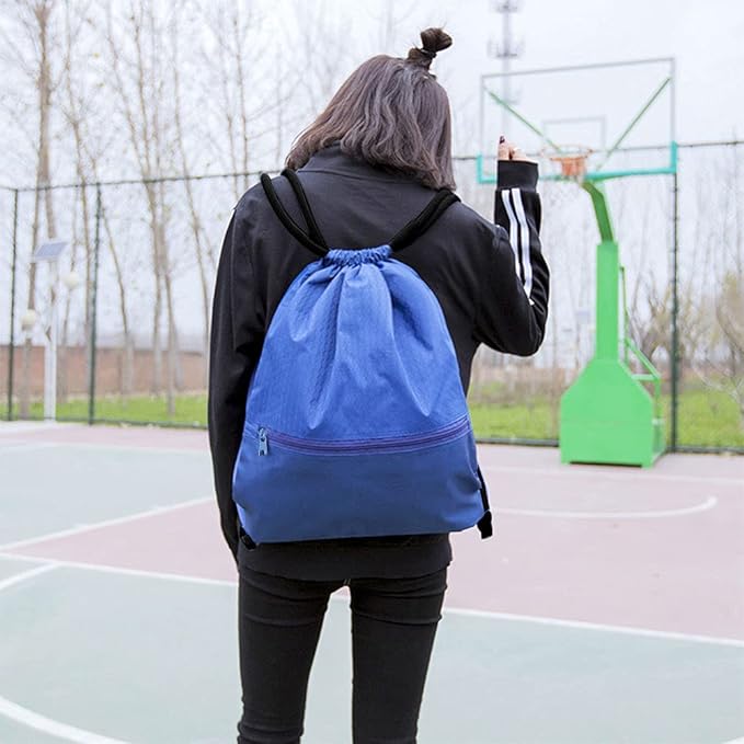 Drawstring Backpack Bag, Waterproof Draw String Back Sack with Zip Pocket, Gym Drawstring Bags Swim Bag for Men Women