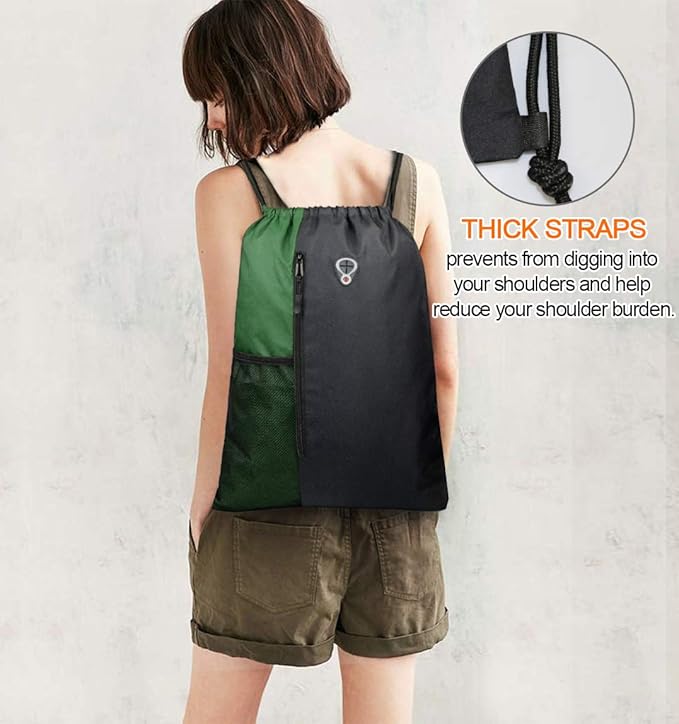 BeeGreen Green Drawstring Bag Sports Gym Backpack for Women Men Large Cinch Sackpack Day Pack with Zipper and Water Bottle Mesh Pockets (Black/Green)