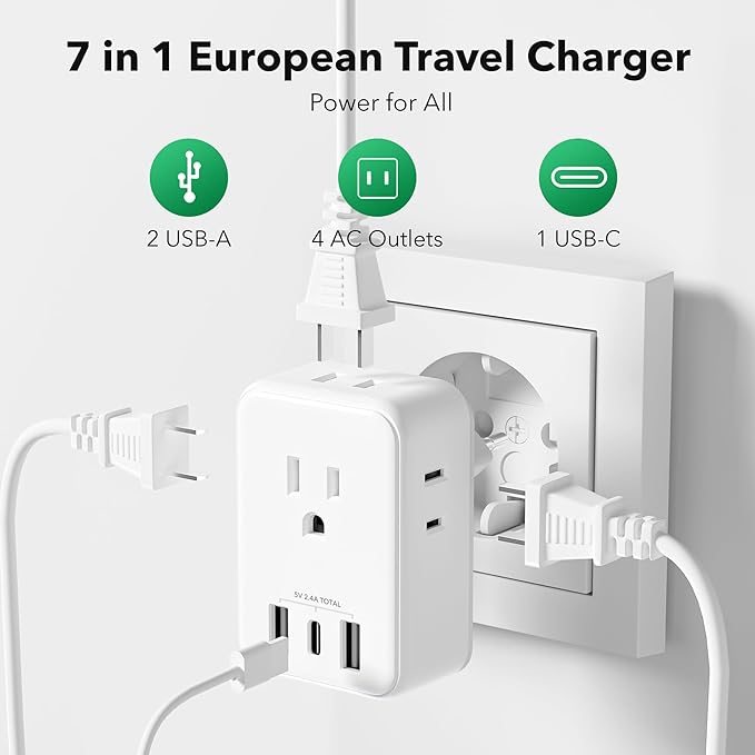 BN-LINK European Travel Plug Adapter, Type C Power Plug Adapter with 4 AC Outlets and 3 USB Ports (1 USB C) for US to Most of Europe Iceland Spain Italy France Germany