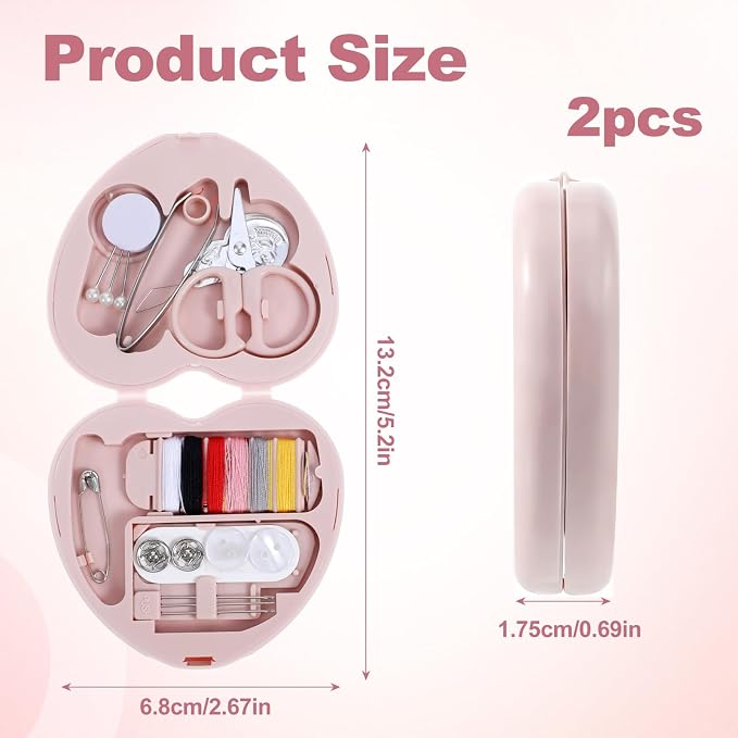 Grevosea 2 Pack Mini Travel Sewing Kit, Heart Shaped Portable Travel Sewing Repair Mini Box Beginner Emergency Repair Kit with Threads Scissors DIY Hand Sewings Needles Blue Pink
