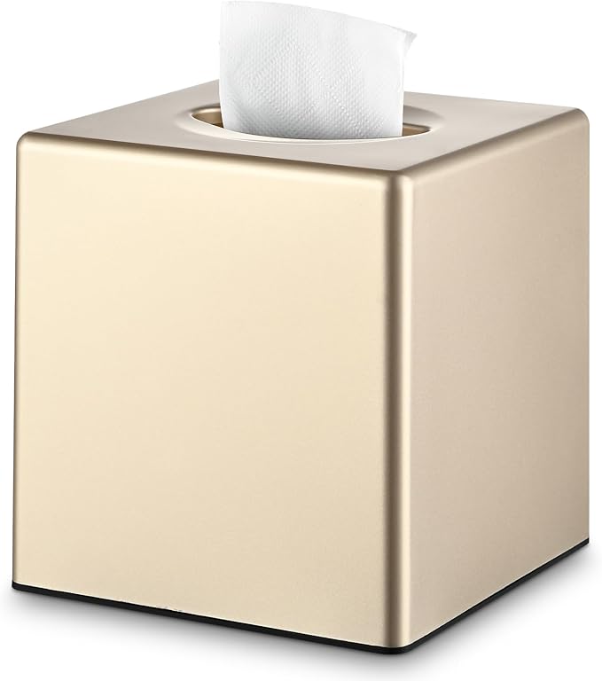 Y-in Hand Tissue Box Cover, Decorative Square Facial Storage Tissue Box Holder, Home Accessories for Bathroom Vanity Countertops, Dressers, Night Stand, Parlors and Office (Champagne Gold)