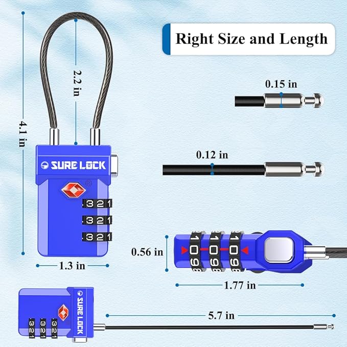 SURE LOCK TSA Approved Luggage Locks with Open Alert Indicator, 3 Digit Combination Cable Travel Lock for Suitcase, Backpack, Gym Locker, Toolbox, Carry On & Travel Bag