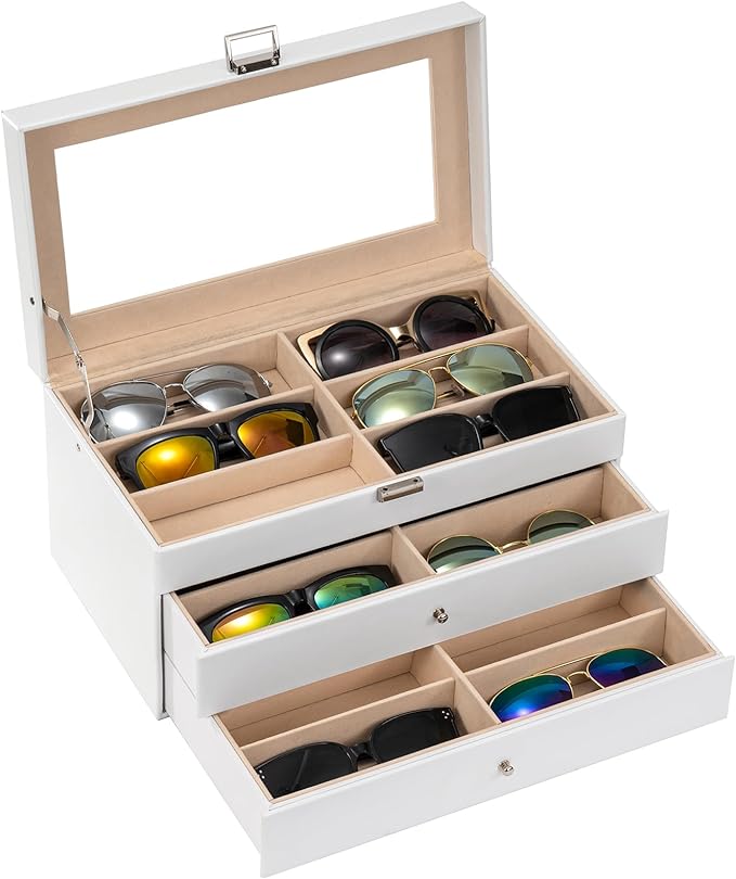 ProCase 3-layer Sunglasses Storage Organizer, 18 Slots Leather Sunglass Box Multiple Pairs Eyeglass Cases Eye Glass Eyewear Display Holder for Men Women, Valentine's Day Gift -White