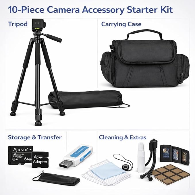 Acuvar 60” Camera Tripod Accessory Kit – Universal DSLR & Digital Camera Starter Bundle with Carrying Case, 64GB Memory Card, Remote & Cleaning Kit – for Canon Nikon Sony Panasonic Olympus