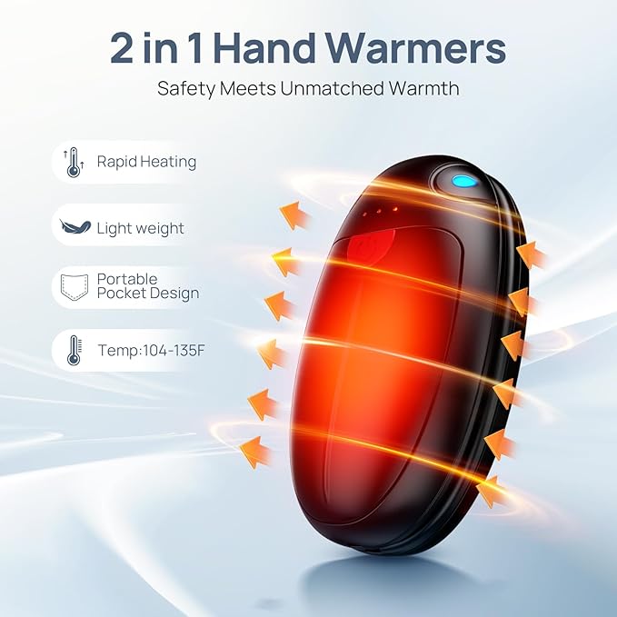 Hand Warmers Rechargeable, 2 Pack Portable Pocket Hand Warmers, 20Hrs Long Heating Double Warm Electric Handwarmers, Reusable Heater for Outdoors, Camping, Hunting, Golf, Fishing