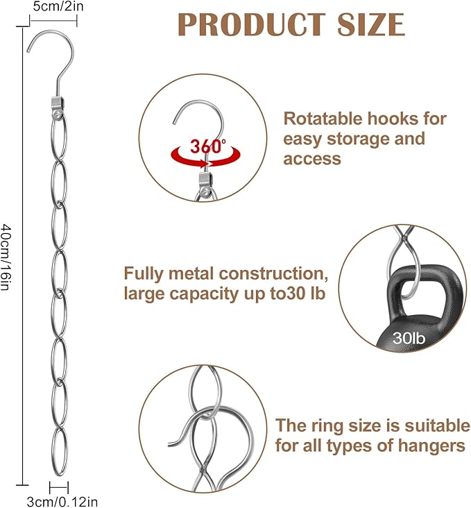80 Holes Clothing Chain Hangers, 10-Pack Metal Space Saving Hangers, 360 Degree Rotatable Hook for Easy Display and Access, Closet Organizers for Home, Travel, College Dorm Room
