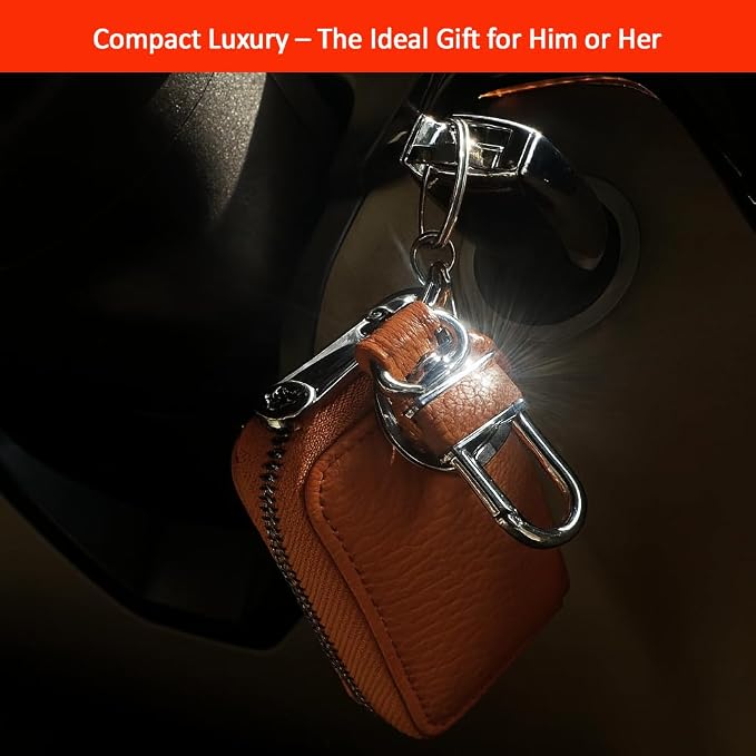 Leather Car Key Case with Zipper, Compact Smart Key Fob Holder with Keychain, Portable Car Key Organizer Pouch