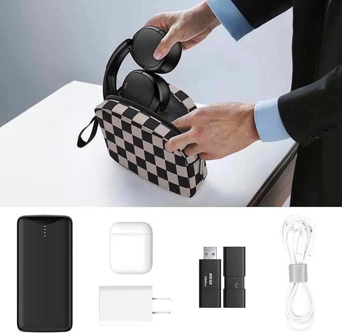 E-Tree Soft Headphone Case Bag for JBL Tune 510BT/520BT/500BT/720BT/Sony WH-CH520/510/720/710/BERIBES/SoundCore Q20/30/TOZO/KVIDIO/JLab/Bose, Travel Electronic Accessories Organizer (Checkered-Brown)