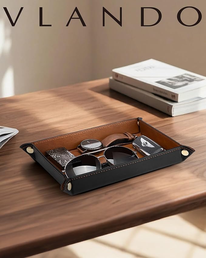 VLANDO PU Leather Valet Tray, 8.5 x 5 x 1.5 Inch Catchall Organizer for Men, Desk Nightstand Dresser Holder for Keys Phone Wallet Watch Coins, Entryway Gift