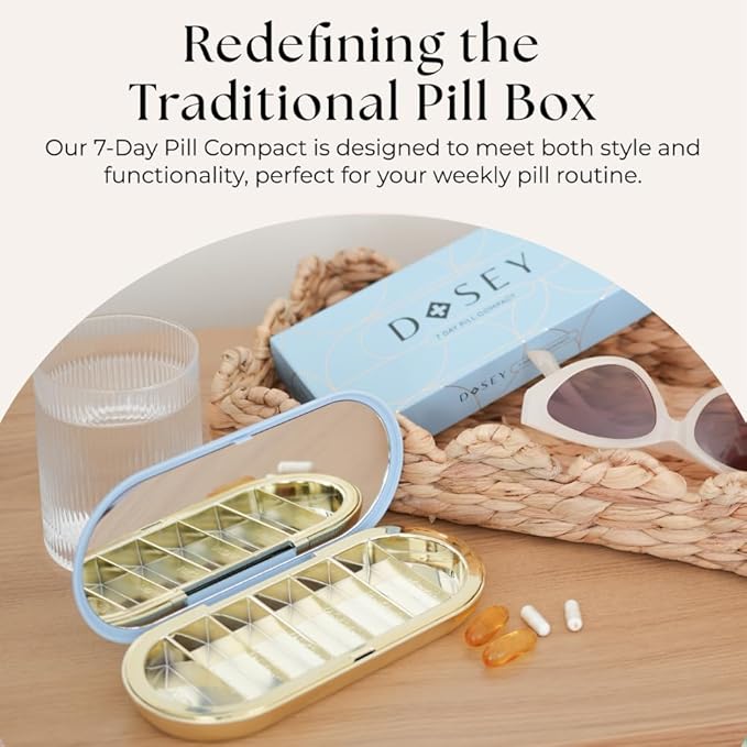 Dosey Compact Travel Pill Organizer - Pill Case with 7 Compartments for Medicine Storage & Protection – Stylish & Elegant Medication Organizer with Mirror, Blue