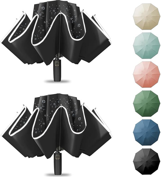 Fogkey Large Windproof Travel Umbrella - Reverse Auto Folding Car Umbrella for Rain and Sun, Compact Inverted Design with Waterproof Canopy, 10 Durable Ribs, Fits Backpack, Portable for Women & Men