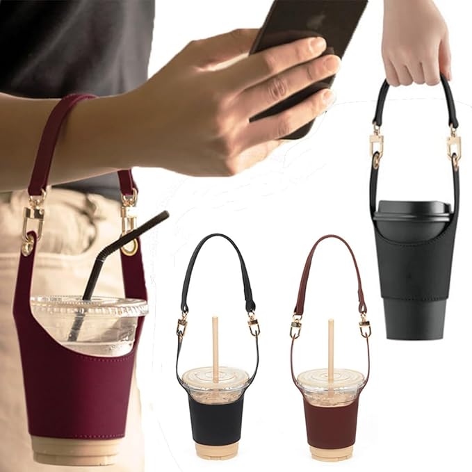 Coffee Cup Holder Tea Cup Protective Sleeve, Water Bottle Holder PU Leather Pouch, Outdoor Camping Shopping Travel cup Sling (White)