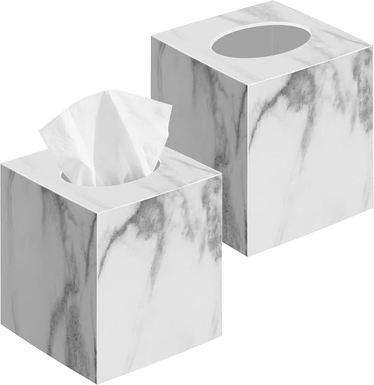 2 Pack Marble Tissue Box Cover, Square Acrylic Tissue Holder, Decorative Facial Tissue Box Vessel Cube Paper Organizer Dispenser for Bathroom Office, Night Stand, Desk, Car, Vanity, Countertops