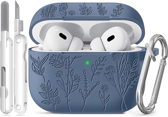 for AirPods Pro 2 Case, Ekoonpft Silicone AirPod Pro Cases with 3-in-1 Cleaning Kit & Keychain, Flower Engraved Cover for Apple AirPods Pro 2nd/1st Generation, Shockproof & Anti-Scratch