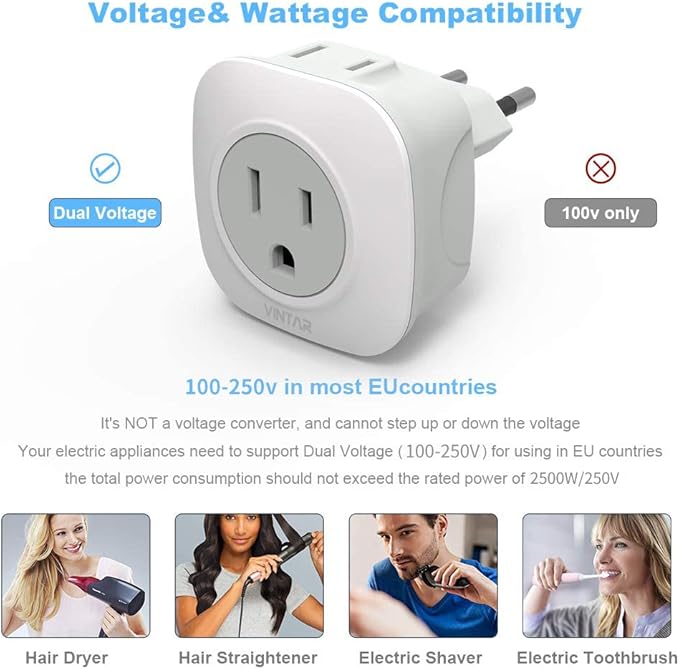 3 Pack European Travel Plug Adapter, VINTAR International Power Plug Adapter with 2 American Outlets 2 in 1 Travel Essentials to France, Germany, Greece, Italy, Israel, Spain (Type C)
