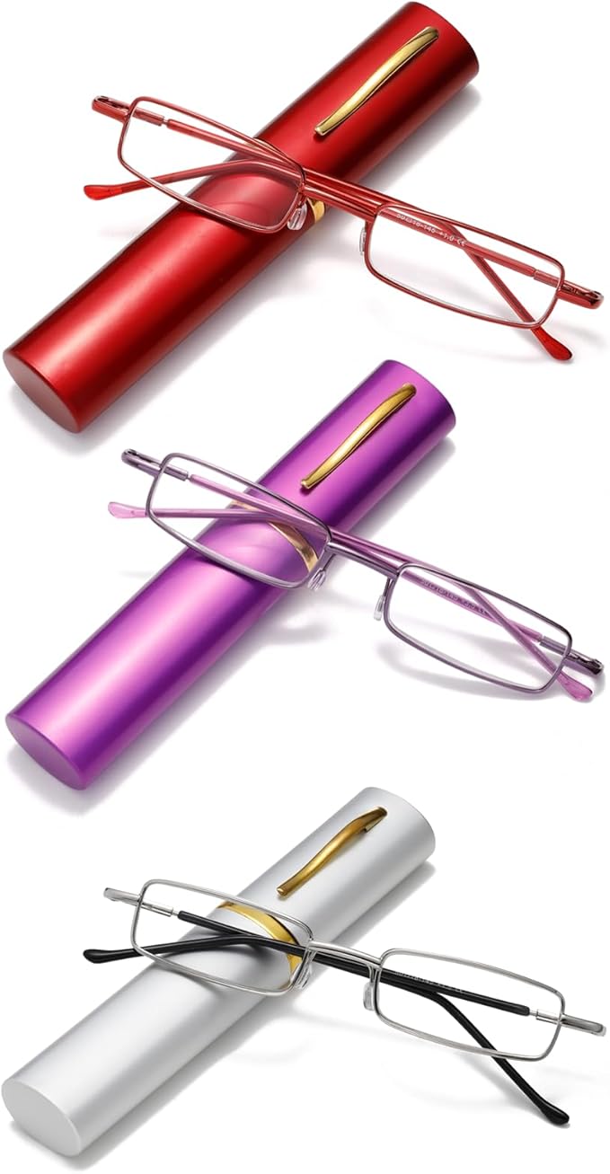 Viseng Slim Mini Metal Reading Glasses Compact Lightweight Portable Readers with Glasses Case for Reading Case +3.5 Purple/Red/Silver