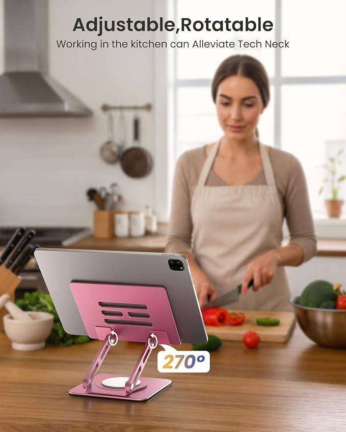 LOXP Metal Tablet Stand, 360 Rotating iPad Stand with Heavy-Duty Base, Tablet Holder Compatible with 4.7-16.9" Device, iPad Pro Air Mini, Kindle, Surface Tablet, Portable Monitors - Pink