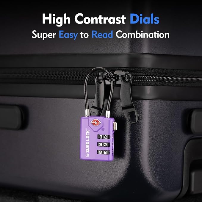 SURE LOCK TSA Approved Luggage Locks with Open Alert Indicator, 3 Digit Combination Cable Travel Lock for Suitcase, Backpack, Gym Locker, Toolbox & Travel Bag(2, Purple 2 Pack)