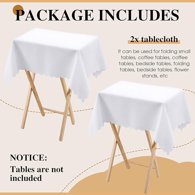 Oudain 2 Pcs Small Tablecloth Washable Fabric Folding TV Tray Table Cloth Polyester Solid Color Nightstand Cover for Bedside Table Side Outdoor Indoor (White,24 x 36 Inch,Lace Edge)