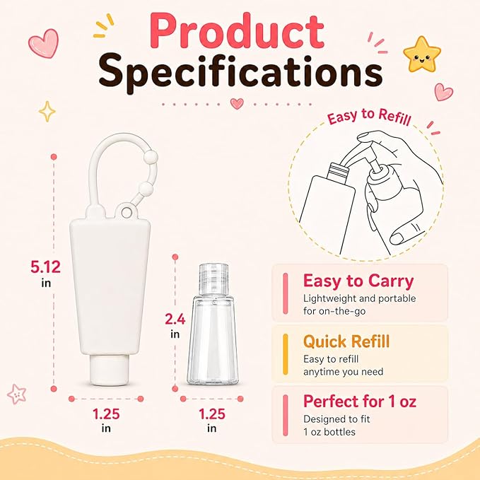 5-Pack Cartoon Kids Hand Sanitizer Holder, 30ml Travel Size Refillable Bottles with Silicone Case, Leak-Proof Portable Containers for Lotion & Liquid Soap (Cool Pup)