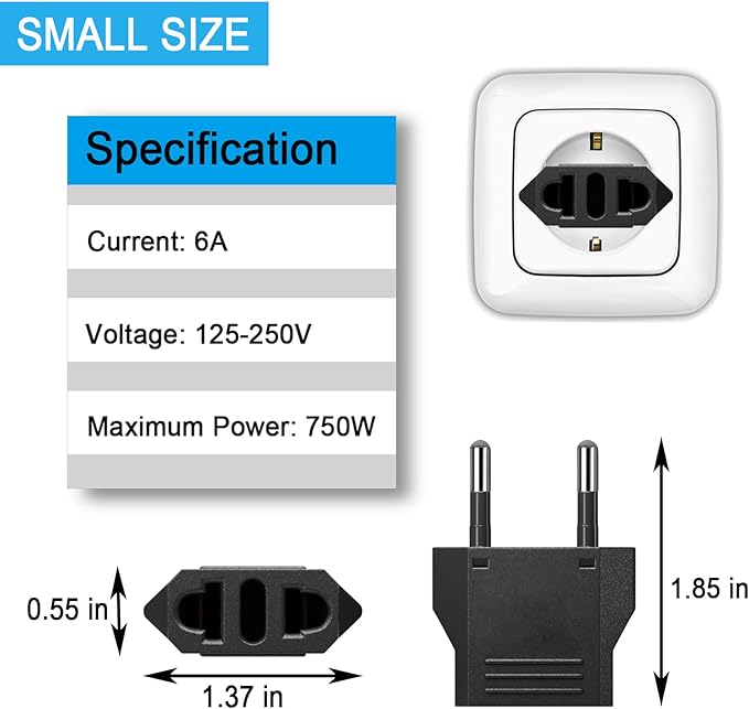 6 Pack US to European Travel Plug Adapter- Type C Travel Adapter Europe, European Outlet Wall Adapter Power Converter (Black)