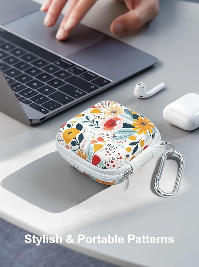 Earbud Case Headphone Organizer Ear Bud Case Portable EVA Carrying Box Storage Bag with Carabiner for AirPods Beats Bose Galaxy Buds 4/3/FE Data Cable Storage (Blooming Floral)