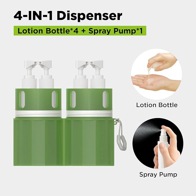 4 in 1 Travel Dispenser Bottle, TSA Approved Refillable Shampoo and Conditioner Bottles Set with Suction Cup for Smooth Walls, Travel Size Toiletries Container for Body Wash/Lotion.(Green)