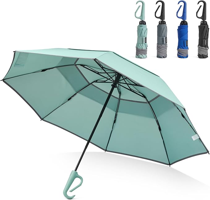 G4Free 46inch Ring Buckle Umbrella, Inverted Design with Carabiner Handle, Compact Travel Umbrella with Reflective Strip, Automatic Windproof for Rain