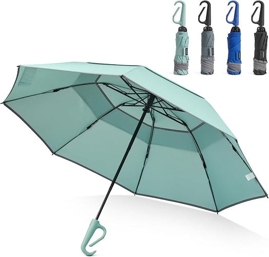 G4Free 46inch Ring Buckle Umbrella, Inverted Design with Carabiner Handle, Compact Travel Umbrella with Reflective Strip, Automatic Windproof for Rain