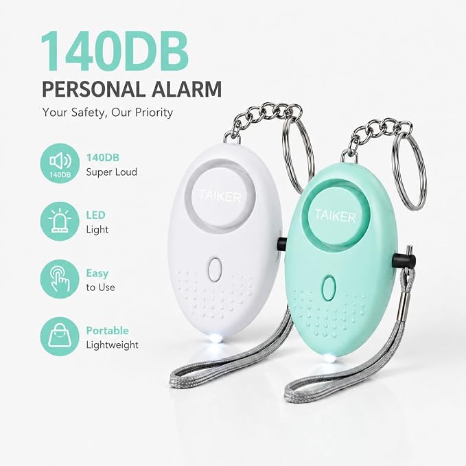 Personal Alarm for Women 140DB Emergency Self-Defense Security Alarm Keychain with LED Light for Women Kids and Elders-2 Pack (Aqua Marine & White)