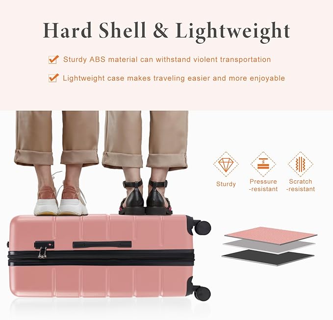 Sweetcrispy Carry on Luggage, Hard Shell ABS Suitcase with Double Spinner Wheels, Lightweight Expandable Rolling Suit Case with TSA Lock, 24 Inch Pale Pink