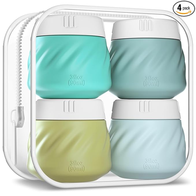 Gemice Silicone Cream Jars TSA Approved Travel Size Containers with Toiletry Bag, Wide Mouth Leak-proof Travel Accessories with Lid for Cosmetic Cream (4 Pack)