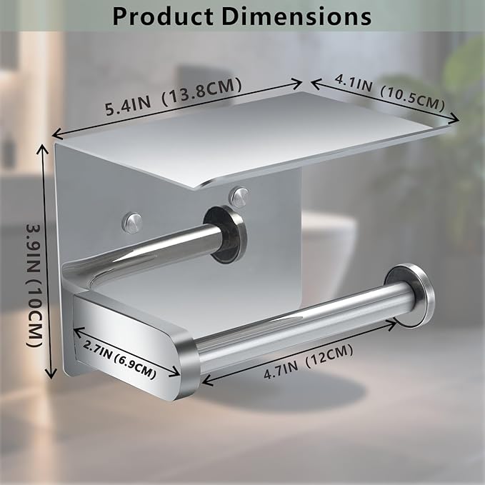 Toilet Paper Holder with Shelf, Heavy-Duty Stainless Steel Bathroom Hardware, Self-Adhesive No-Drill/Drill-Mount Wall-Mounted Roll Holder, Rust-Proof Bathroom Tissue Rack (Chrome)