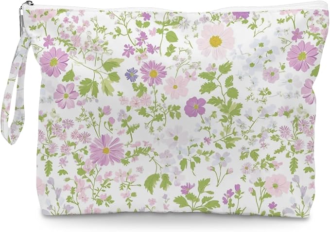 Fokongna Floral Print Wet Bag, Small Portable Waterproof Multi-Functional Organizer for Women, Ideal for Daily, Beach & Travel, White & Green Minimalist Wildflower