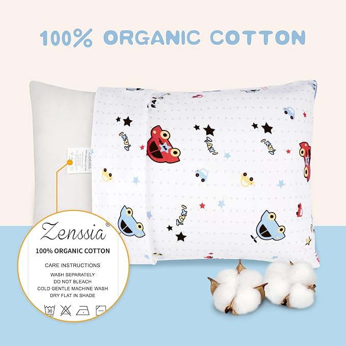Zenssia Organic Cotton Toddler Pillowcases Pack of 2, 13x18 Inches Travel Pillowcase with Envelope Closure, Soft & Breathable Baby Pillow Case Cover, Car