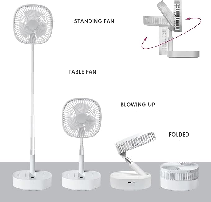 Magesh Oscillating Pedestal Foldable Desk and Floor Fan, Table Fan, Remote Control Telescopic 4 Speed Quiet Timer Fan for Bedroom Camping (White)