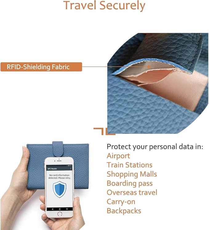 Leather RFID Blocking Passport Holder for Travel Women – Multiple Slim Passport Wallet for Women with Card Slots, Zippered Coin Pocket & Travel Passport Cover Case Gift Ready– Denim Blue