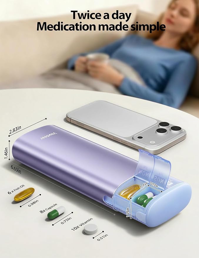 Vaydeer 7 Day Weekly Pill Organizer 2 Times a Day, Metal Am Pm Travel Pill Case, Large Capacity Twice Daily Cute Pill Box for Supplements, Pills, Vitamins and Medication (Purple)