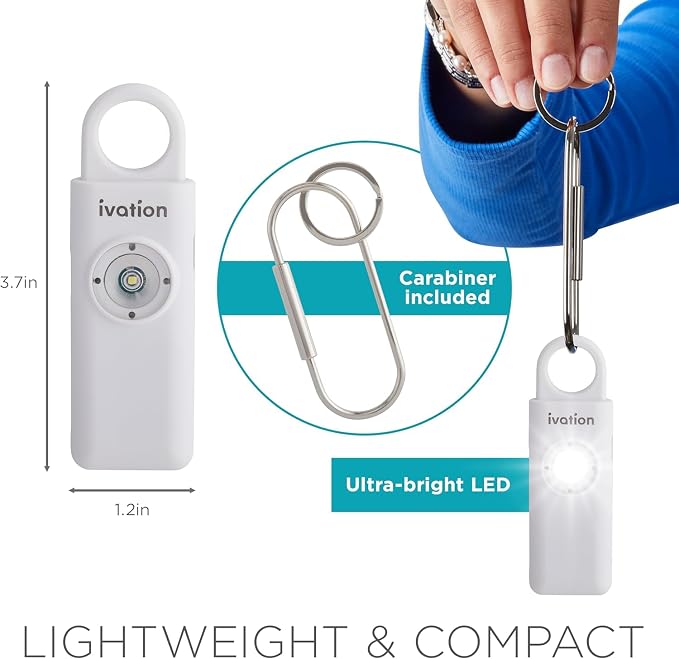 Ivation Personal Rechargeable SOS Alarm, Pocket Size Loud 130dB Sound Safety Siren & LED Panic Strobe Light with Carabiner Keychain Clip for Women, Children & Seniors, White