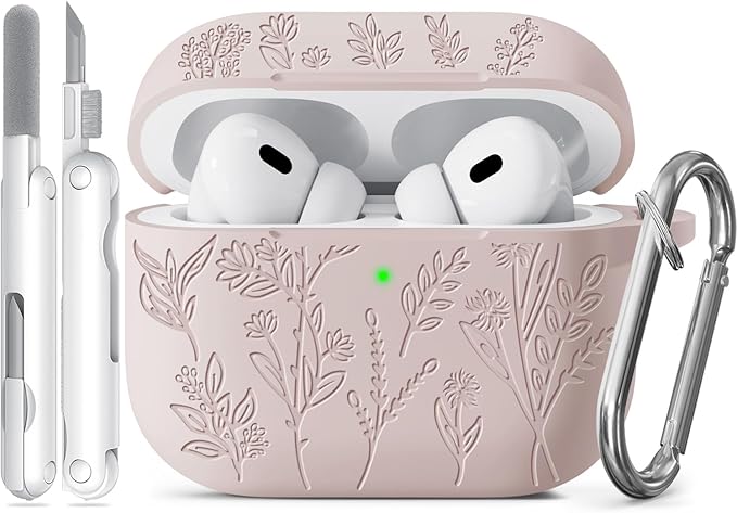 Flower Engraved Case for Apple AirPods Pro 2nd/1st Generation, Soft Silicone AirPods Pro 2 Gen Protective Case Cover for Women Airpod Case with Clean Kit,Carabiner,Front LED Visible,Sand Powder