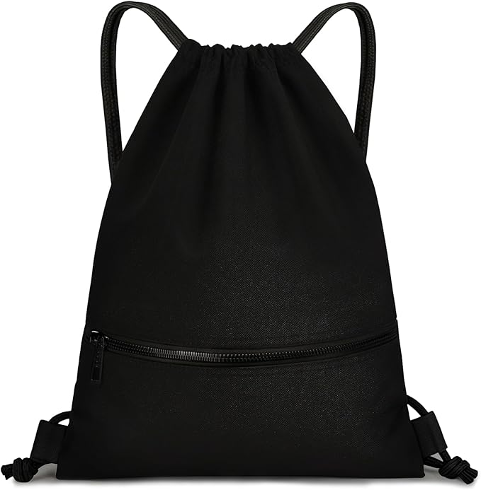 Water-Resistant String Bag for Women Men with Shoes Compartment and Zippered Pocket for Soccer, Basketball, Swim (Black, 16.5 * 19 inches)