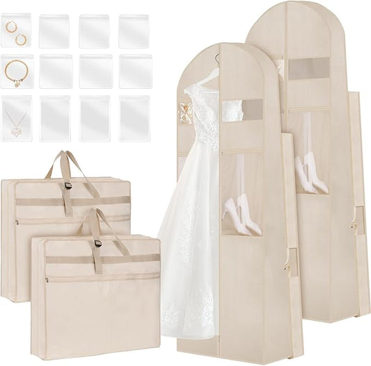 Wedding Dress Garment Bag,72’ Tri-Fold Bridal Gown Bag with 12 Pouches and Adjustable Buckle Gown Cover for Wedding/Prom/Travel/Closet Storage (2pcs Beige)