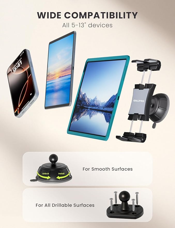 OHLPRO Tablet Wall Mount Holder,360° Rotating iPad Wall Mount Holder with Suction Cup & Screw Holes Base, Compatible with 5"-13" Devices Including iPad Pro, Mini, Air, Samsung, Kindle, Galaxy Tab