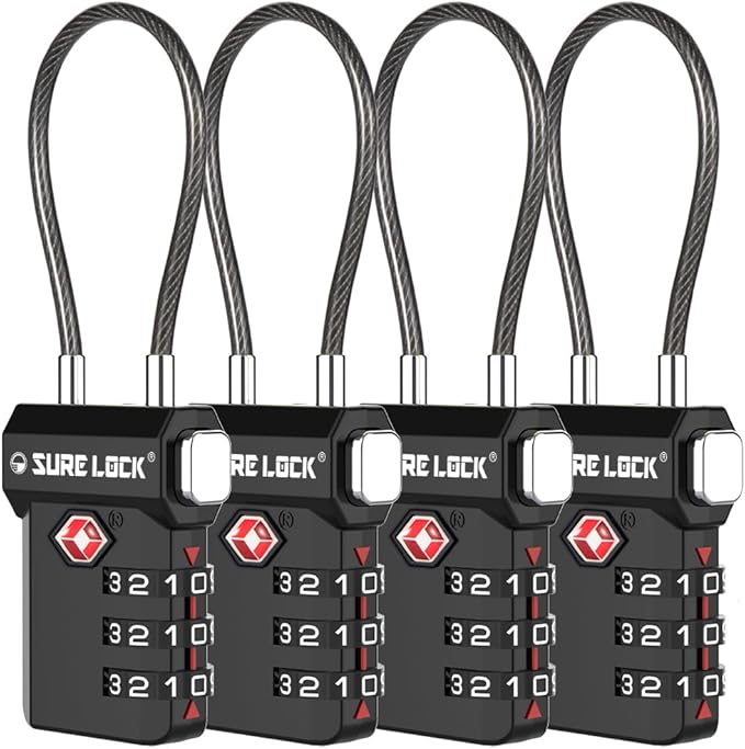 SURE LOCK TSA Approved Luggage Locks with Open Alert Indicator, 3 Digit Combination Cable Travel Lock for Suitcase, Backpack, Gym Locker, Toolbox, Carry On & Travel Bag