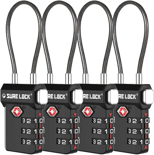 SURE LOCK TSA Approved Luggage Locks with Open Alert Indicator, 3 Digit Combination Cable Travel Lock for Suitcase, Backpack, Gym Locker, Toolbox, Carry On & Travel Bag
