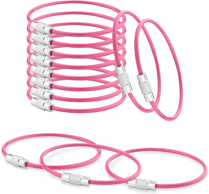 CooBigo 12 Pack Stainless Steel Loops 2mm Coated Wire Keychain Cable Large Key Rings 6 inch Key Chain for Women, Luggage Tags, Key Tags, Keyrings, Kitchen Utensils, Duster - Pink